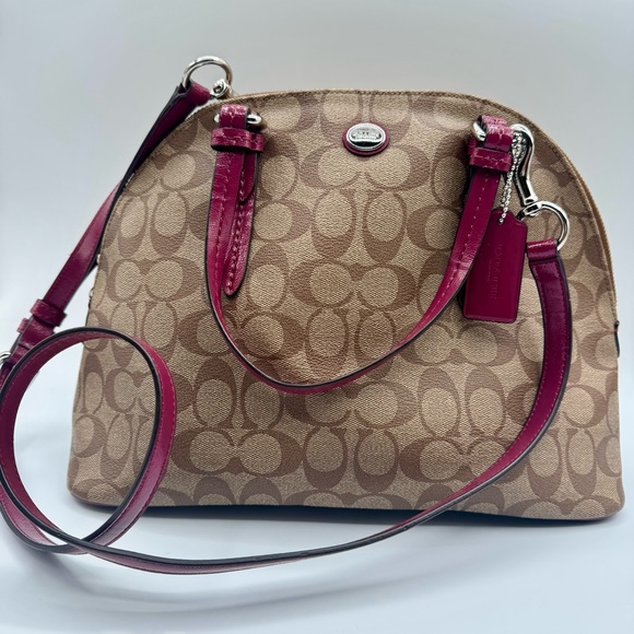 Coach Tan and Burgundy Signature Shoulder Bag | Very Good Used Condition - Picture 1 of 13